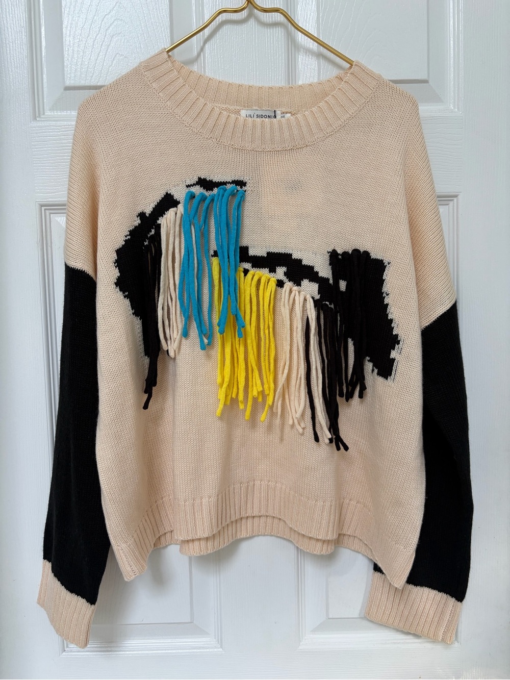 Fringe-Trim Crewneck Sweater in Beige and Black by Lili Sidonio - Picture 1 of 6